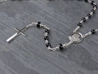 Madonna and Child Onyx and Silver Rosary