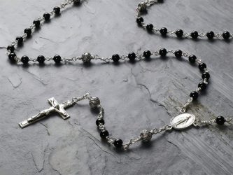 Hand=Made Black Agate & Sterling Silver Bali Bead Rosary Beads