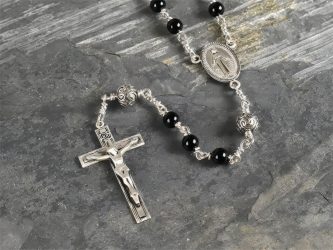 Hand-Made Black Agate & Sterling Silver Bali Bead Rosary Beads