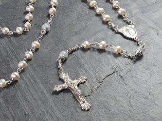 Freshwater Pearl and Aquamarine Rosary - Sterling Silver