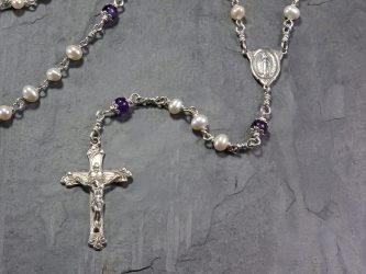 Freshwater Pearl and Amethyst Rosary - Sterling Silver