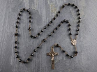 Large black onyx rosary hand-made in bronze