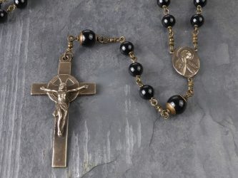Large black onyx rosary hand-made in bronze