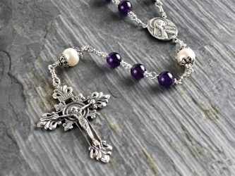 Large Amethyst and Freshwater Pearl Rosary in Sterling Silver