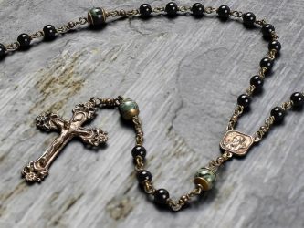 Padre Pio Onyx & Kambaba Jasper Rosary in Bronze