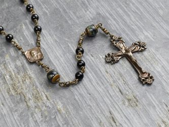 Padre Pio Onyx & Kambaba Jasper Rosary in Bronze