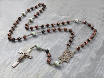 Large Saint Joseph Red Tiger Eye & Emerald Rosary Hand-Made in Bronze