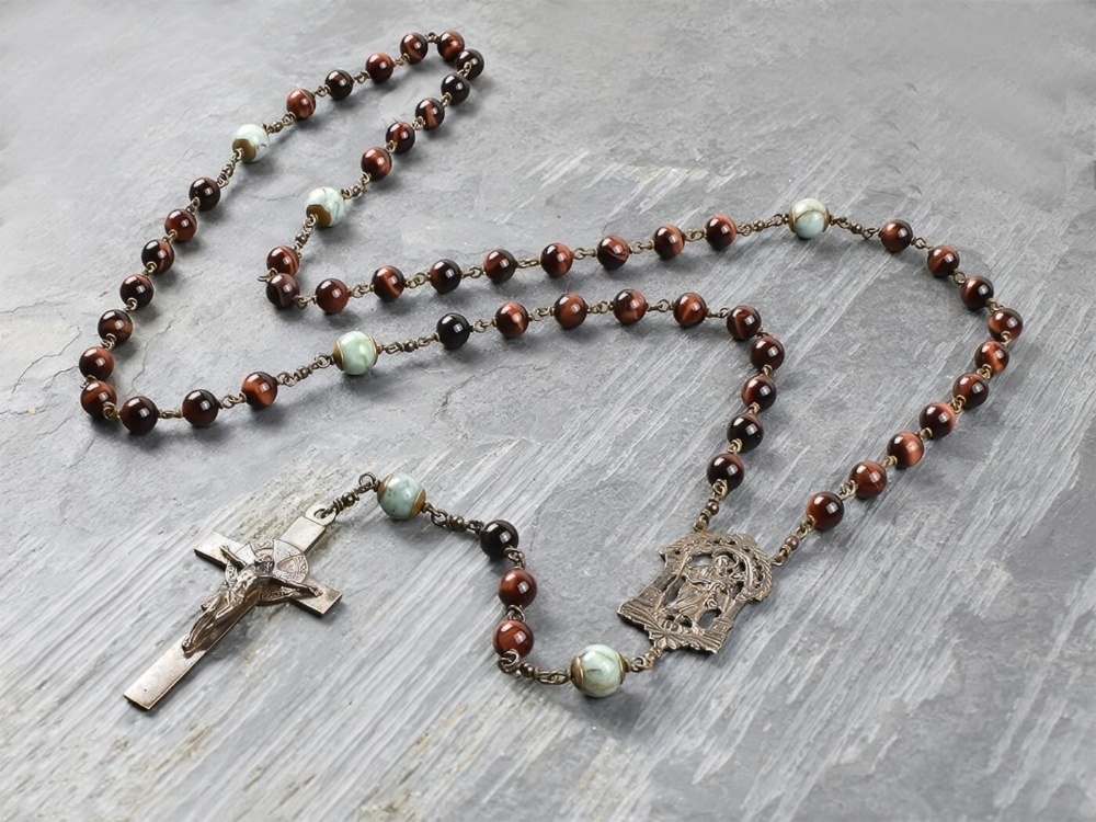 Large Saint Joseph Red Tiger Eye & Emerald Rosary Hand-Made in Bronze