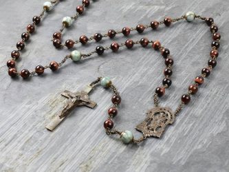 Large Saint Joseph Red Tiger Eye & Emerald Rosary Hand-Made in Bronze