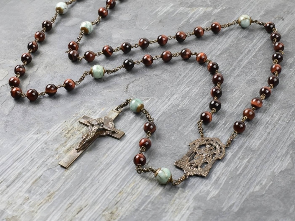 Large Saint Joseph Red Tiger Eye & Emerald Rosary Hand-Made in Bronze