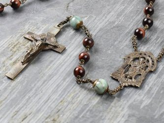 Large Saint Joseph Red Tiger Eye & Emerald Rosary Hand-Made in Bronze